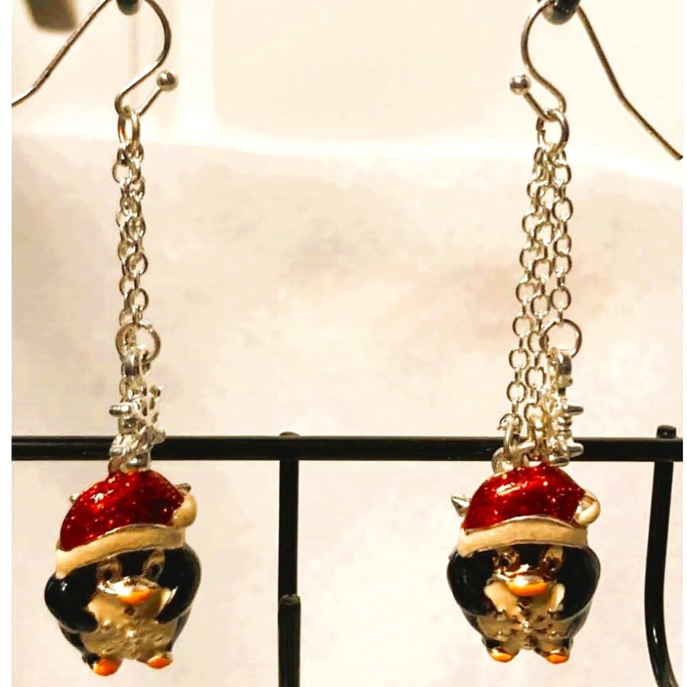 CLOISONNE CHRISTMAS PENGUIN & SNOWFLAKE DANGLE EARRINGS